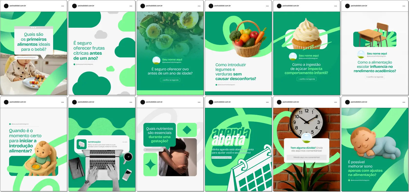 Pack Canva Nutrição Materno-Infantil – Kit com posts e artes editáveis para nutricionistas, pediatras, consultores de alimentação infantil e profissionais da saúde materno-infantil. Conteúdos prontos para Instagram e redes sociais sobre amamentação, introdução alimentar, cardápios saudáveis para bebês e crianças, nutrição durante a gestação e dicas práticas para promover hábitos alimentares saudáveis.