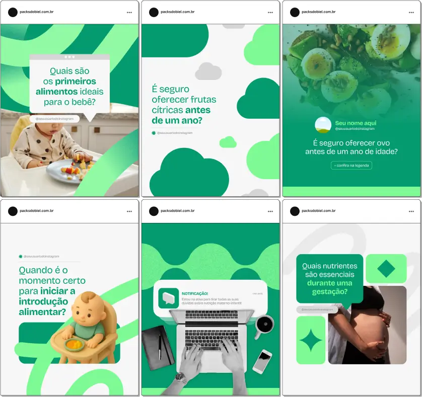 Pack Canva Nutrição Materno-Infantil – Kit com posts e artes editáveis para nutricionistas, pediatras, consultores de alimentação infantil e profissionais da saúde materno-infantil. Conteúdos prontos para Instagram e redes sociais sobre amamentação, introdução alimentar, cardápios saudáveis para bebês e crianças, nutrição durante a gestação e dicas práticas para promover hábitos alimentares saudáveis.