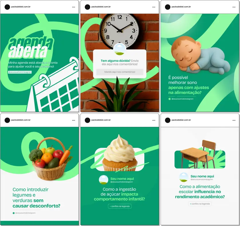 Pack Canva Nutrição Materno-Infantil – Kit com posts e artes editáveis para nutricionistas, pediatras, consultores de alimentação infantil e profissionais da saúde materno-infantil. Conteúdos prontos para Instagram e redes sociais sobre amamentação, introdução alimentar, cardápios saudáveis para bebês e crianças, nutrição durante a gestação e dicas práticas para promover hábitos alimentares saudáveis.