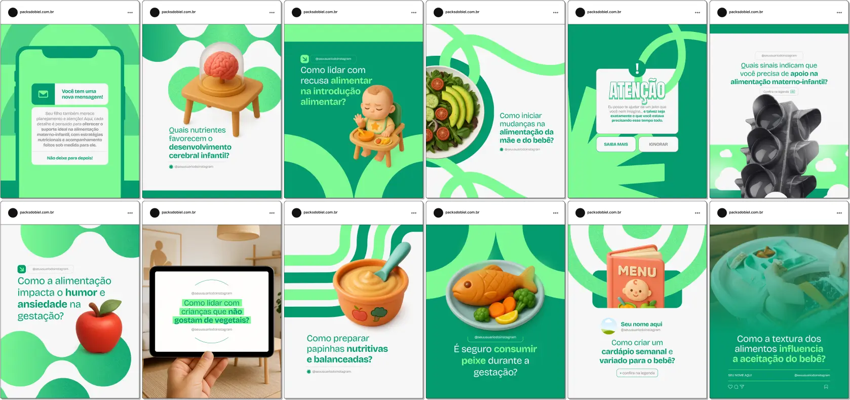 Com este Pack Canva de Nutrição Materno-Infantil, você terá posts educativos sobre alimentação infantil, planejamento de refeições para gestantes, prevenção de deficiências nutricionais, orientações para pais, receitas saudáveis, dicas de suplementação e materiais totalmente personalizáveis para redes sociais.