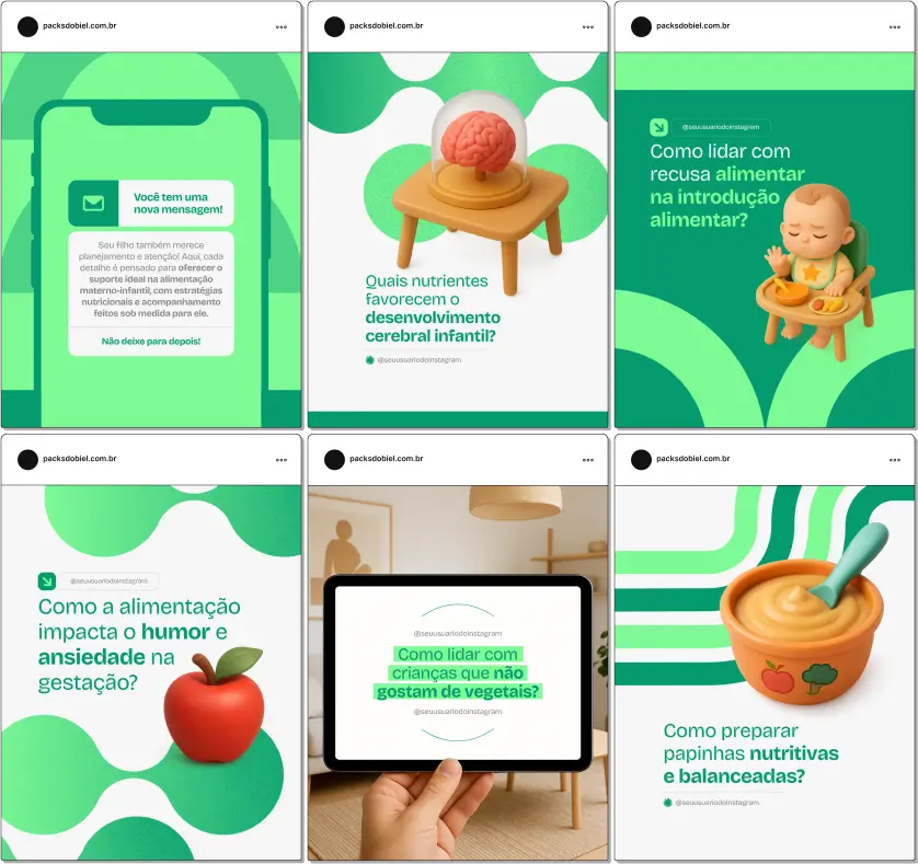 Com este Pack Canva de Nutrição Materno-Infantil, você terá posts educativos sobre alimentação infantil, planejamento de refeições para gestantes, prevenção de deficiências nutricionais, orientações para pais, receitas saudáveis, dicas de suplementação e materiais totalmente personalizáveis para redes sociais.