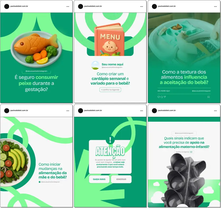 Com este Pack Canva de Nutrição Materno-Infantil, você terá posts educativos sobre alimentação infantil, planejamento de refeições para gestantes, prevenção de deficiências nutricionais, orientações para pais, receitas saudáveis, dicas de suplementação e materiais totalmente personalizáveis para redes sociais.