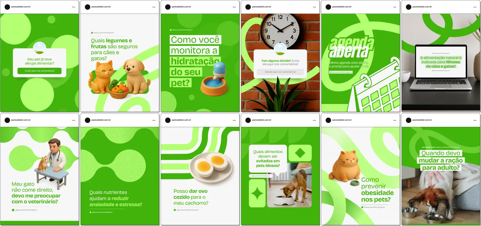 Pack Canva Nutrição Veterinária – Kit com posts e artes editáveis para veterinários, clínicas veterinárias, nutricionistas de pets e profissionais de saúde animal. Conteúdos prontos para Instagram e redes sociais sobre alimentação balanceada, suplementação, dietas especiais para cães e gatos, prevenção de doenças, cuidados nutricionais e dicas para melhorar a saúde e bem-estar dos pets.