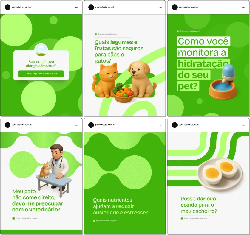 Pack Canva Nutrição Veterinária – Kit com posts e artes editáveis para veterinários, clínicas veterinárias, nutricionistas de pets e profissionais de saúde animal. Conteúdos prontos para Instagram e redes sociais sobre alimentação balanceada, suplementação, dietas especiais para cães e gatos, prevenção de doenças, cuidados nutricionais e dicas para melhorar a saúde e bem-estar dos pets.