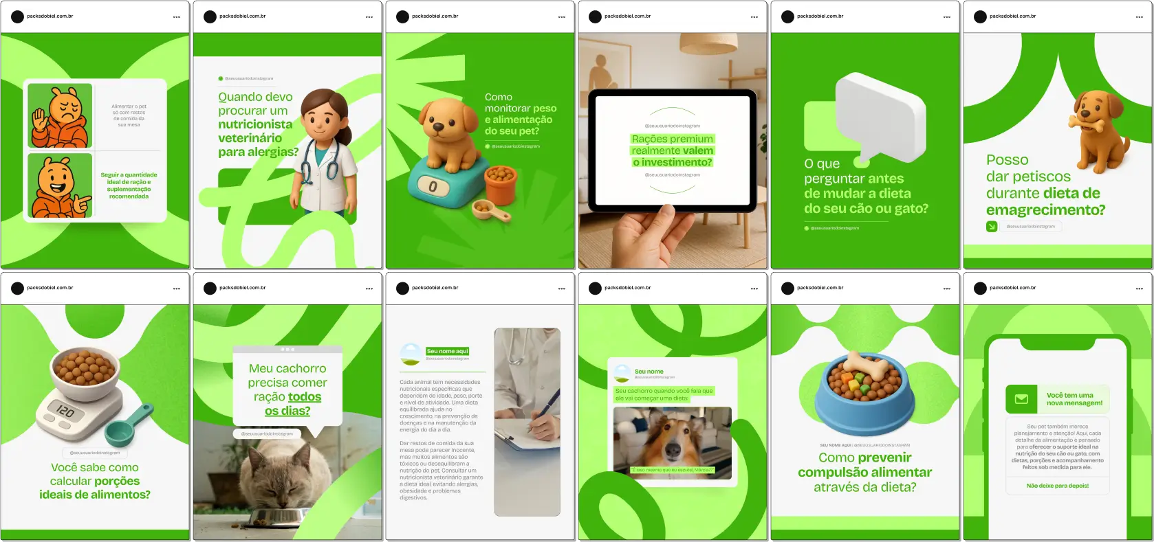 Com este Pack Canva de Nutrição Veterinária, você terá posts educativos sobre dietas específicas para diferentes espécies, orientação para tutores, controle de peso, nutrição preventiva, saúde digestiva e imunológica, receitas caseiras seguras e materiais totalmente personalizáveis para redes sociais.