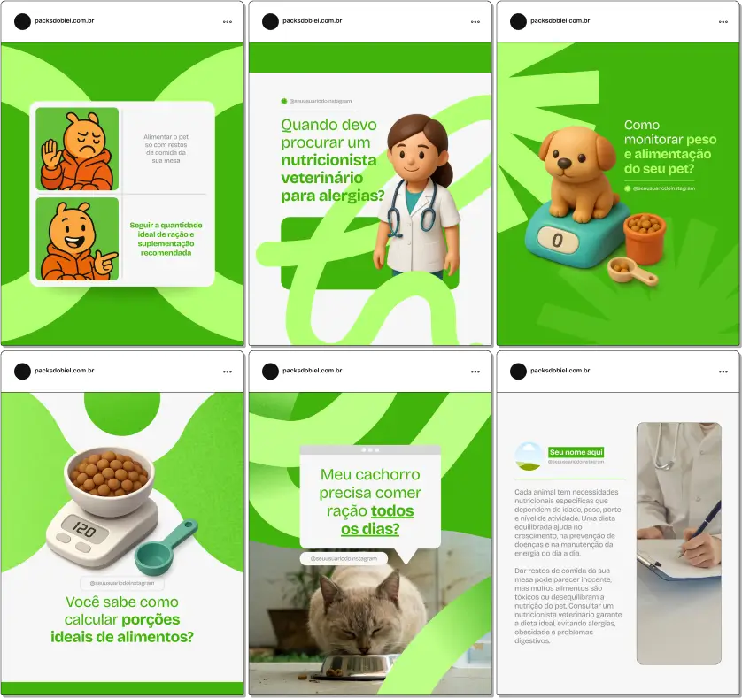 Pack Canva Nutrição Veterinária – Kit com posts e artes editáveis para veterinários, clínicas veterinárias, nutricionistas de pets e profissionais de saúde animal. Conteúdos prontos para Instagram e redes sociais sobre alimentação balanceada, suplementação, dietas especiais para cães e gatos, prevenção de doenças, cuidados nutricionais e dicas para melhorar a saúde e bem-estar dos pets.