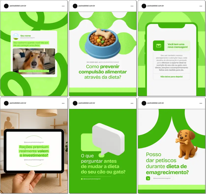 Kit completo para veterinários, clínicas e pet shops com posts sobre nutrição de cães e gatos, alimentação adequada para filhotes e idosos, orientações sobre rações e suplementos, dicas de saúde e bem-estar, prevenção de doenças relacionadas à alimentação e conteúdos visuais prontos para Instagram, Facebook e outras redes sociais.