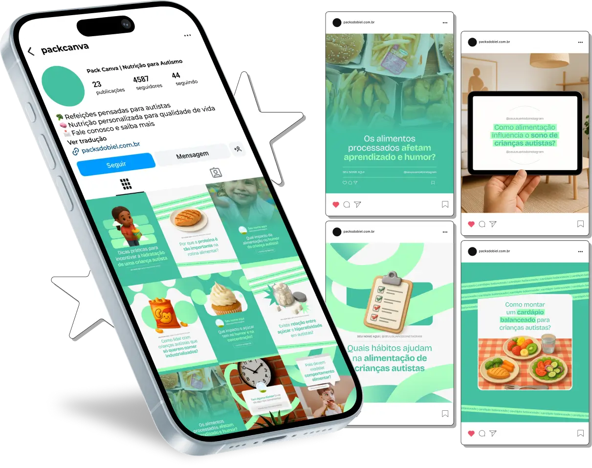 Com o Pack Canva Nutrição para Autismo, você terá posts prontos sobre alimentação saudável, manejo de sensibilidades alimentares, dicas de cardápios personalizados, suporte nutricional, melhora do comportamento e bem-estar de pessoas com autismo. Totalmente editável no Canva, permitindo criar um perfil profissional e educativo no Instagram e outras redes sociais.