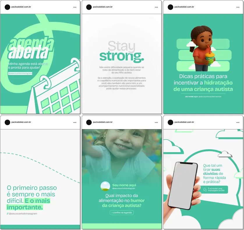 Com o Pack Canva Nutrição para Autismo, você terá posts prontos sobre alimentação saudável, manejo de sensibilidades alimentares, dicas de cardápios personalizados, suporte nutricional, melhora do comportamento e bem-estar de pessoas com autismo. Totalmente editável no Canva, permitindo criar um perfil profissional e educativo no Instagram e outras redes sociais.