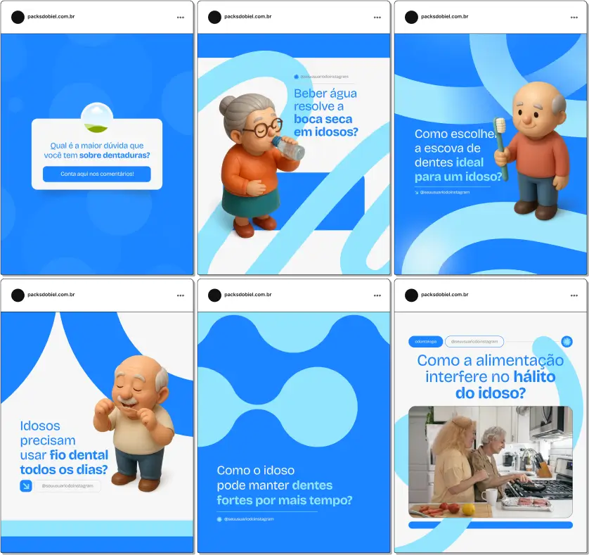 Pack Canva Odontogeriatria – Kit de posts e artes editáveis para dentistas, clínicas odontológicas e profissionais de odontogeriatria, com conteúdos prontos para Instagram e redes sociais sobre saúde bucal de idosos, cuidados com próteses, higiene oral, prevenção de cáries e doenças gengivais, dicas de alimentação e orientações para familiares.