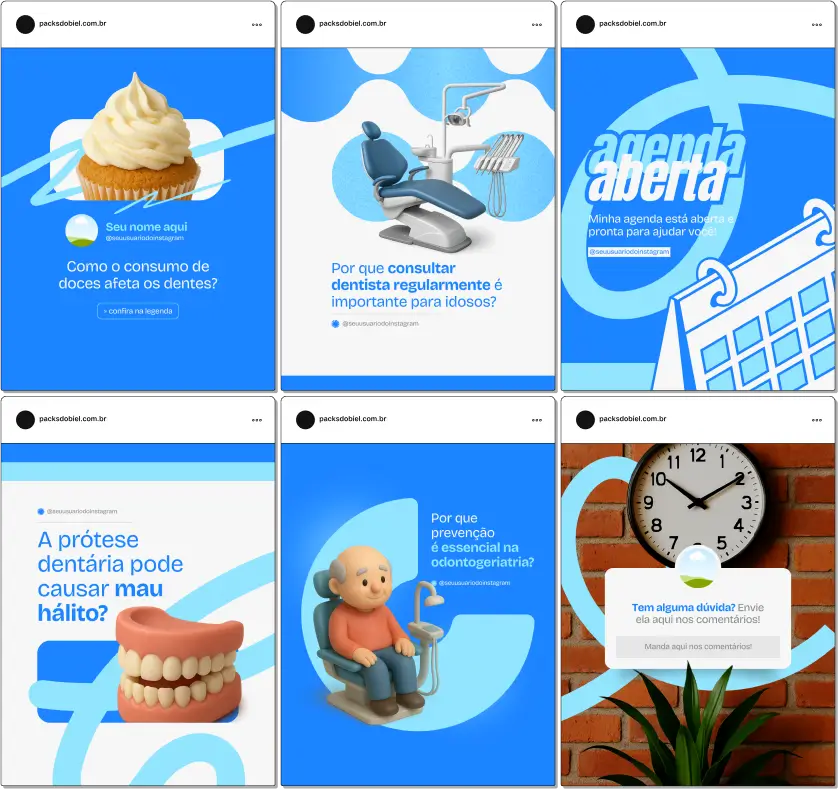 Com este Pack Canva de Odontogeriatria, você terá posts educativos e profissionais para Instagram e outras redes sociais, abordando higiene bucal diária, manutenção de dentaduras e próteses, prevenção de doenças bucais em idosos, tratamentos restauradores e estratégias de engajamento com pacientes e cuidadores.
