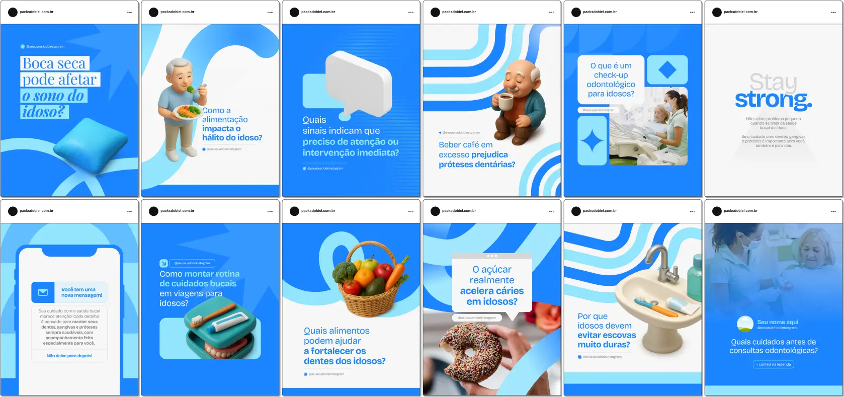 Com este Pack Canva de Odontogeriatria, você terá posts educativos e profissionais para Instagram e outras redes sociais, abordando higiene bucal diária, manutenção de dentaduras e próteses, prevenção de doenças bucais em idosos, tratamentos restauradores e estratégias de engajamento com pacientes e cuidadores.