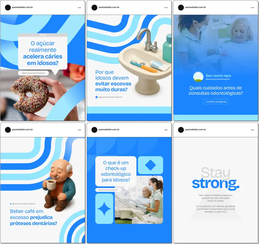 Kit completo para dentistas especializados em Odontogeriatria, com posts prontos e totalmente editáveis no Canva sobre cuidados com gengivas, prevenção de cáries, higiene oral, tratamentos estéticos e funcionais, manutenção de próteses e dicas para engajar idosos e familiares nas redes sociais.
