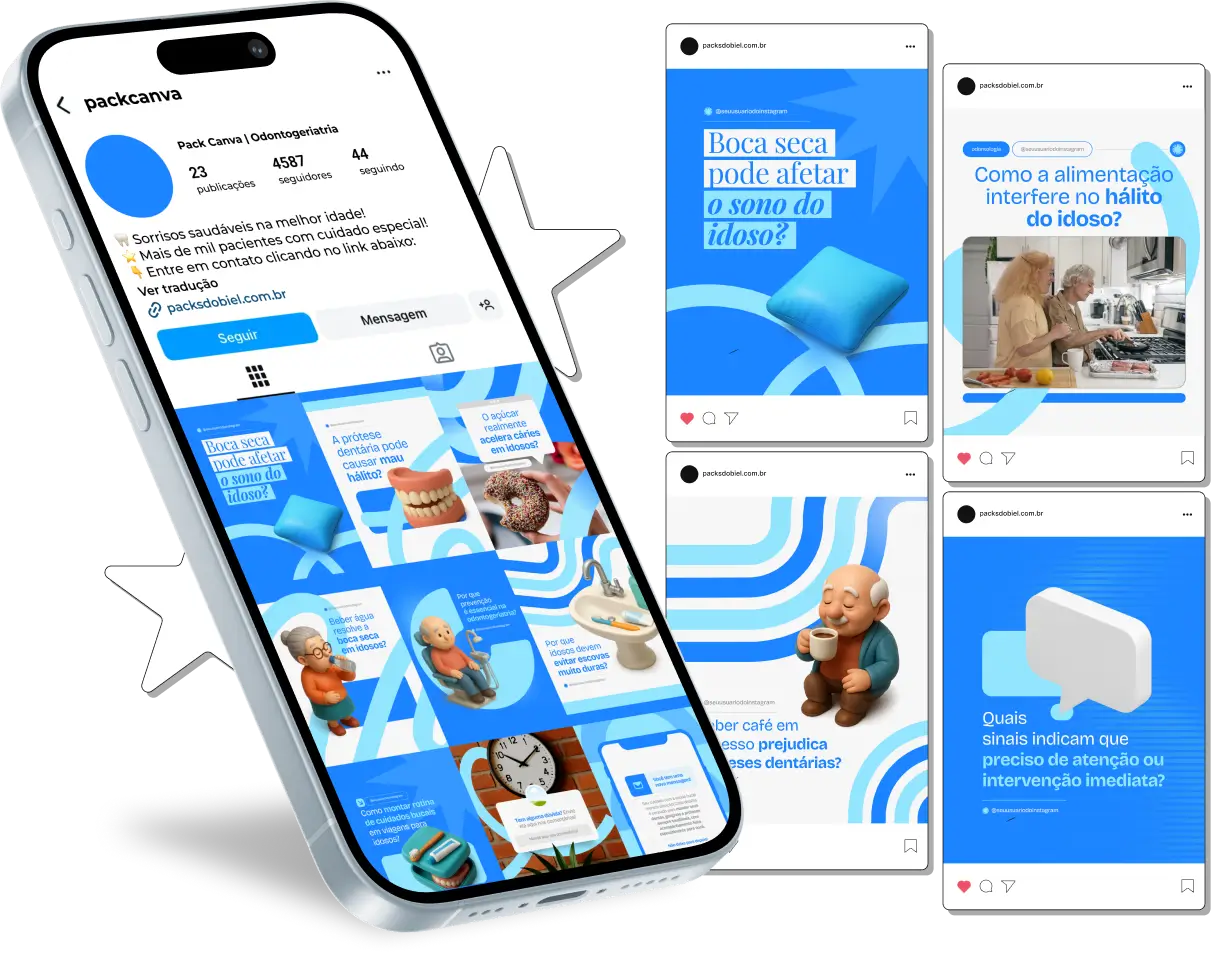 Kit completo para dentistas especializados em Odontogeriatria, com posts prontos e totalmente editáveis no Canva sobre cuidados com gengivas, prevenção de cáries, higiene oral, tratamentos estéticos e funcionais, manutenção de próteses e dicas para engajar idosos e familiares nas redes sociais.