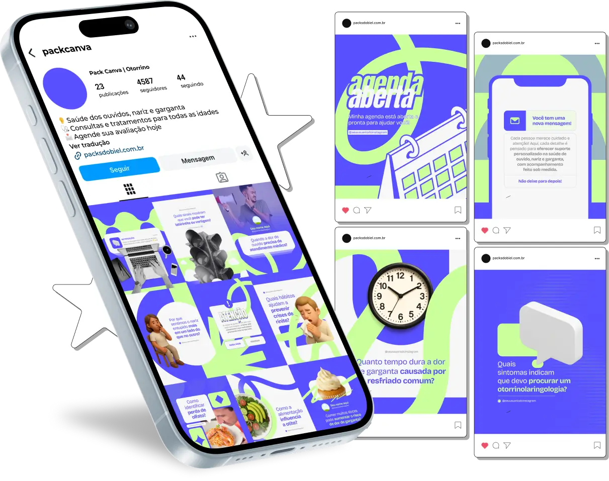 Pack Canva Otorrino – Kit com posts e artes editáveis para Instagram e redes sociais, com conteúdos prontos sobre saúde auditiva, doenças do ouvido, nariz e garganta, rinite, sinusite, labirintite, zumbido, apneia do sono e orientações para pacientes. Ideal para médicos otorrinolaringologistas e clínicas que desejam fortalecer sua presença digital.