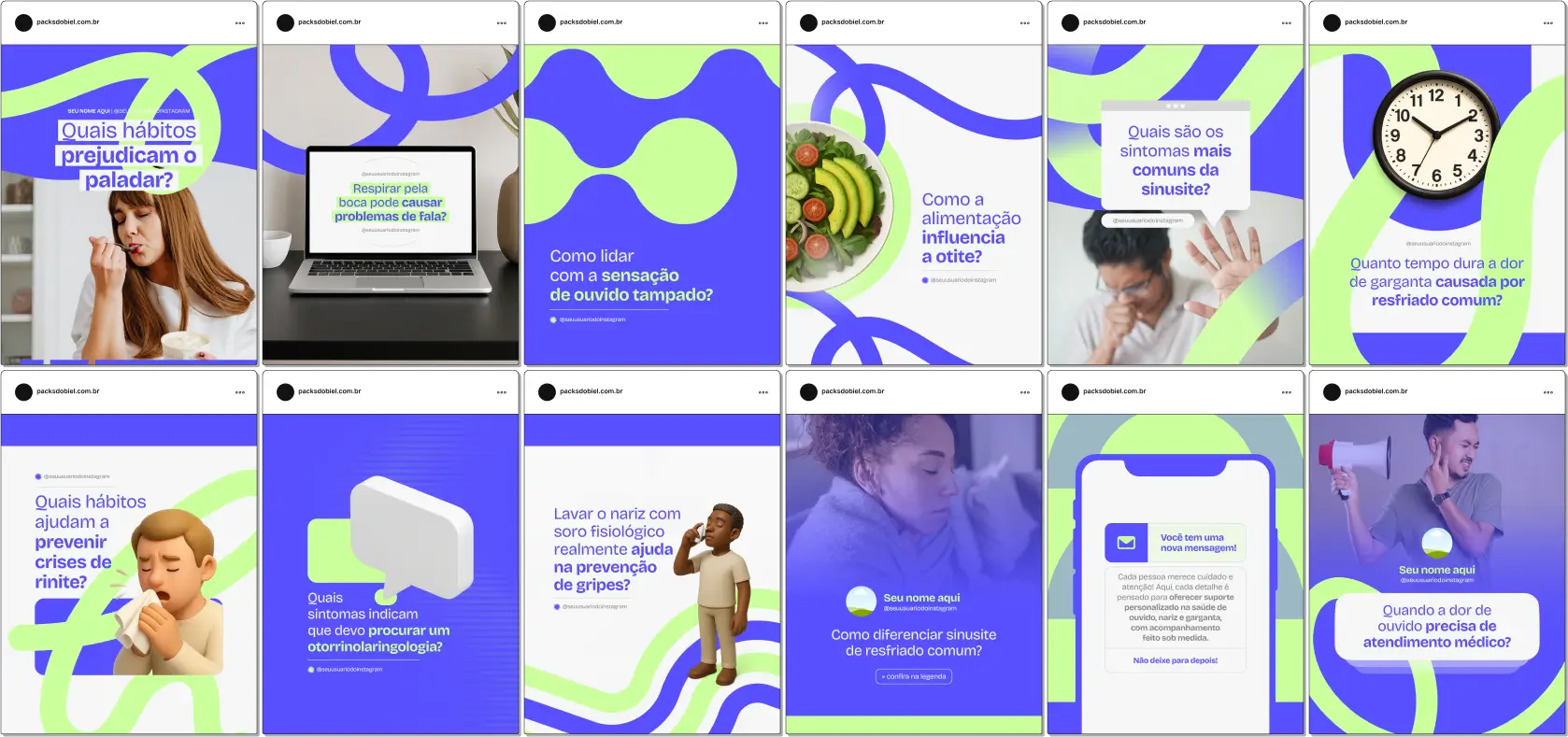 Com este Pack Canva Otorrinolaringologia, você terá posts profissionais e personalizados para redes sociais, trazendo dicas sobre audição, respiração, voz, prevenção de infecções, uso de aparelhos auditivos, cuidados com a saúde infantil e adulta, além de orientações práticas para pacientes.