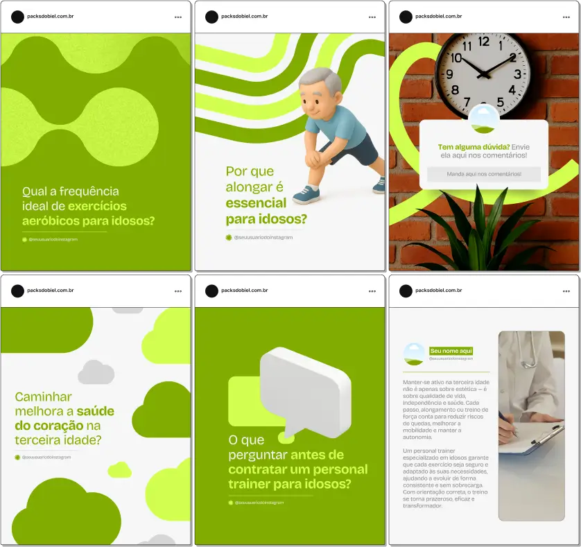 Pack Canva Personal Trainer de Idosos – Kit com posts e artes editáveis para personal trainers, fisioterapeutas, academias e profissionais de saúde que atuam com idosos. Conteúdos prontos para Instagram e redes sociais sobre exercícios adaptados, treino funcional, prevenção de quedas, fortalecimento muscular, alongamento, mobilidade e bem-estar na terceira idade.
