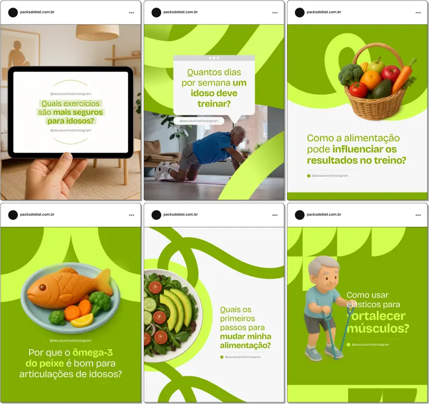 Pack Canva Personal Trainer de Idosos – Kit com posts e artes editáveis para personal trainers, fisioterapeutas, academias e profissionais de saúde que atuam com idosos. Conteúdos prontos para Instagram e redes sociais sobre exercícios adaptados, treino funcional, prevenção de quedas, fortalecimento muscular, alongamento, mobilidade e bem-estar na terceira idade.