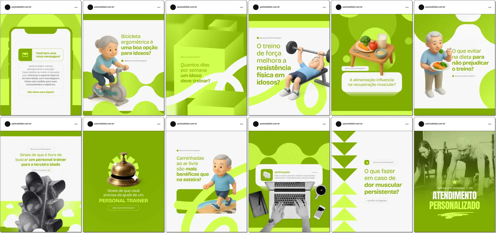 Com este Pack Canva de Personal Trainer de Idosos, você terá posts educativos e motivacionais sobre atividades físicas seguras para idosos, programas de treino personalizados, exercícios de equilíbrio e coordenação, estratégias de manutenção da saúde, prevenção de lesões e materiais totalmente personalizáveis para redes sociais.