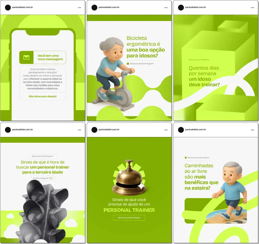 Com este Pack Canva de Personal Trainer de Idosos, você terá posts educativos e motivacionais sobre atividades físicas seguras para idosos, programas de treino personalizados, exercícios de equilíbrio e coordenação, estratégias de manutenção da saúde, prevenção de lesões e materiais totalmente personalizáveis para redes sociais.