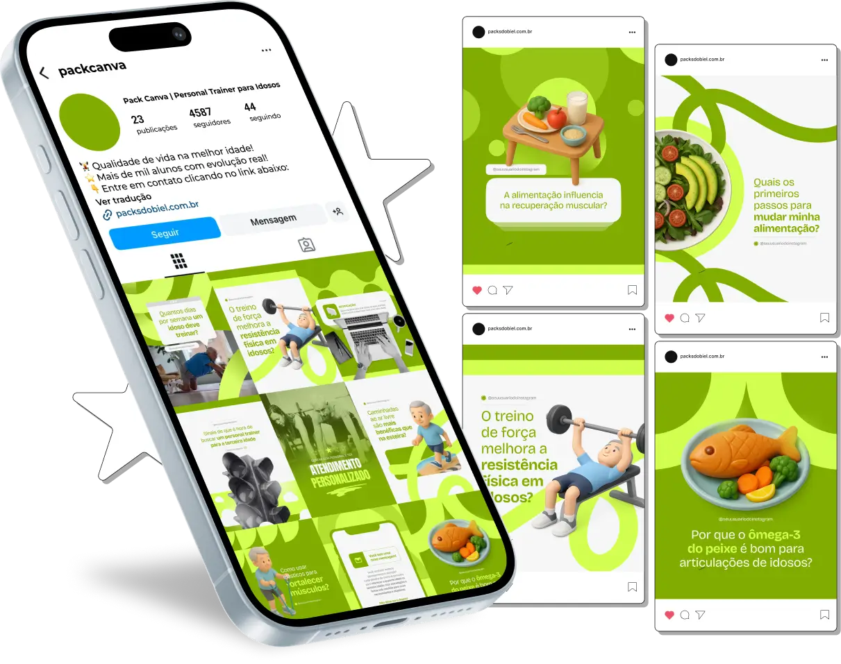 Kit completo para profissionais de educação física e fisioterapeutas com posts sobre treino para idosos, fortalecimento muscular, mobilidade e flexibilidade, atividades de baixo impacto, dicas de saúde e qualidade de vida, engajamento com público idoso e conteúdos prontos para Instagram, Facebook e outras redes sociais.