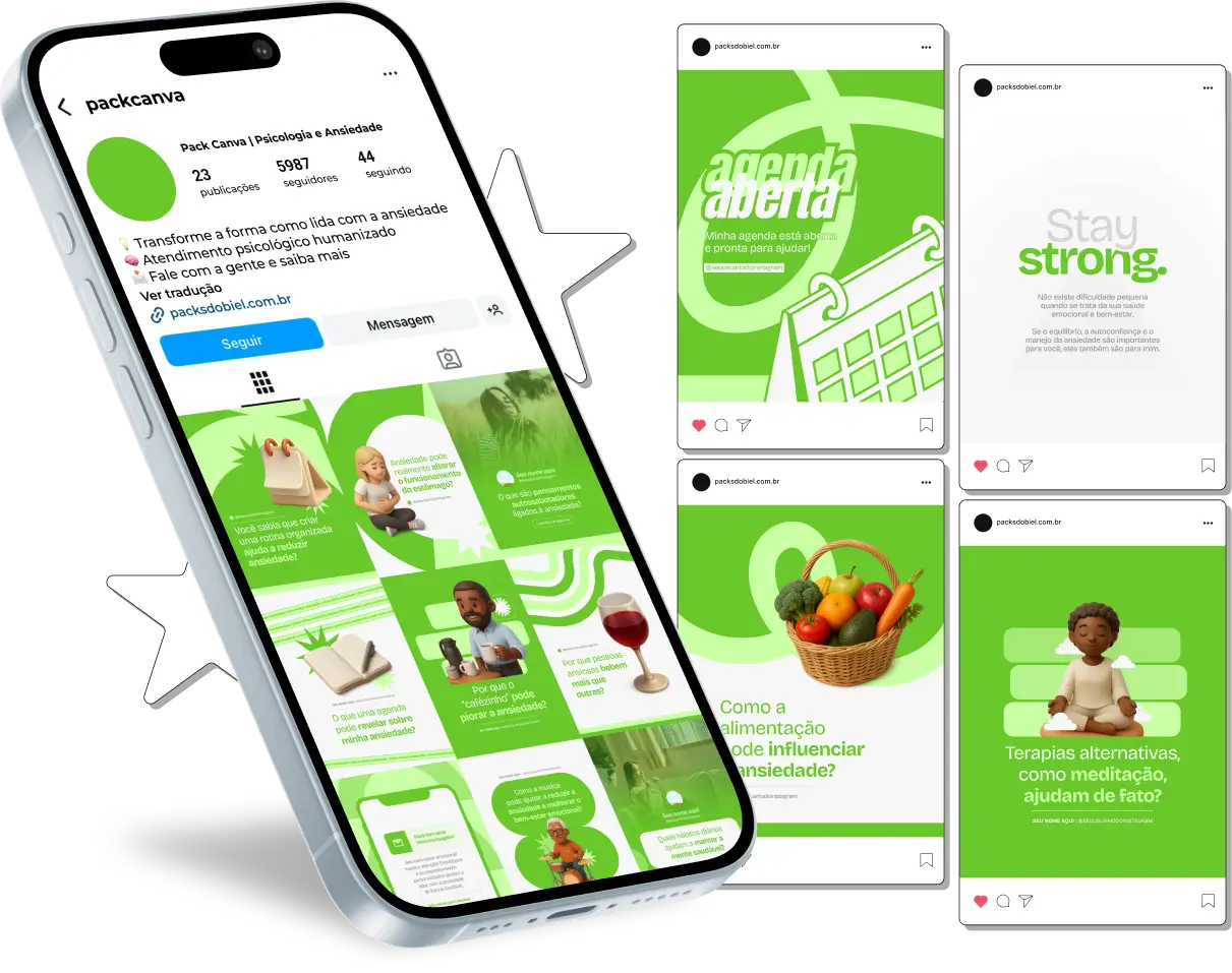 Com o Pack Canva Psicologia e Ansiedade, você terá conteúdos prontos para compartilhar orientações sobre saúde mental, prevenção de crises de ansiedade, dicas de coping, mindfulness, exercícios de respiração e autoconhecimento. Totalmente editável no Canva, o kit permite criar um perfil profissional, acolhedor e engajador no Instagram e outras redes sociais.