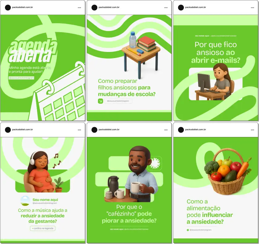 Com o Pack Canva Psicologia e Ansiedade, você terá conteúdos prontos para compartilhar orientações sobre saúde mental, prevenção de crises de ansiedade, dicas de coping, mindfulness, exercícios de respiração e autoconhecimento. Totalmente editável no Canva, o kit permite criar um perfil profissional, acolhedor e engajador no Instagram e outras redes sociais.