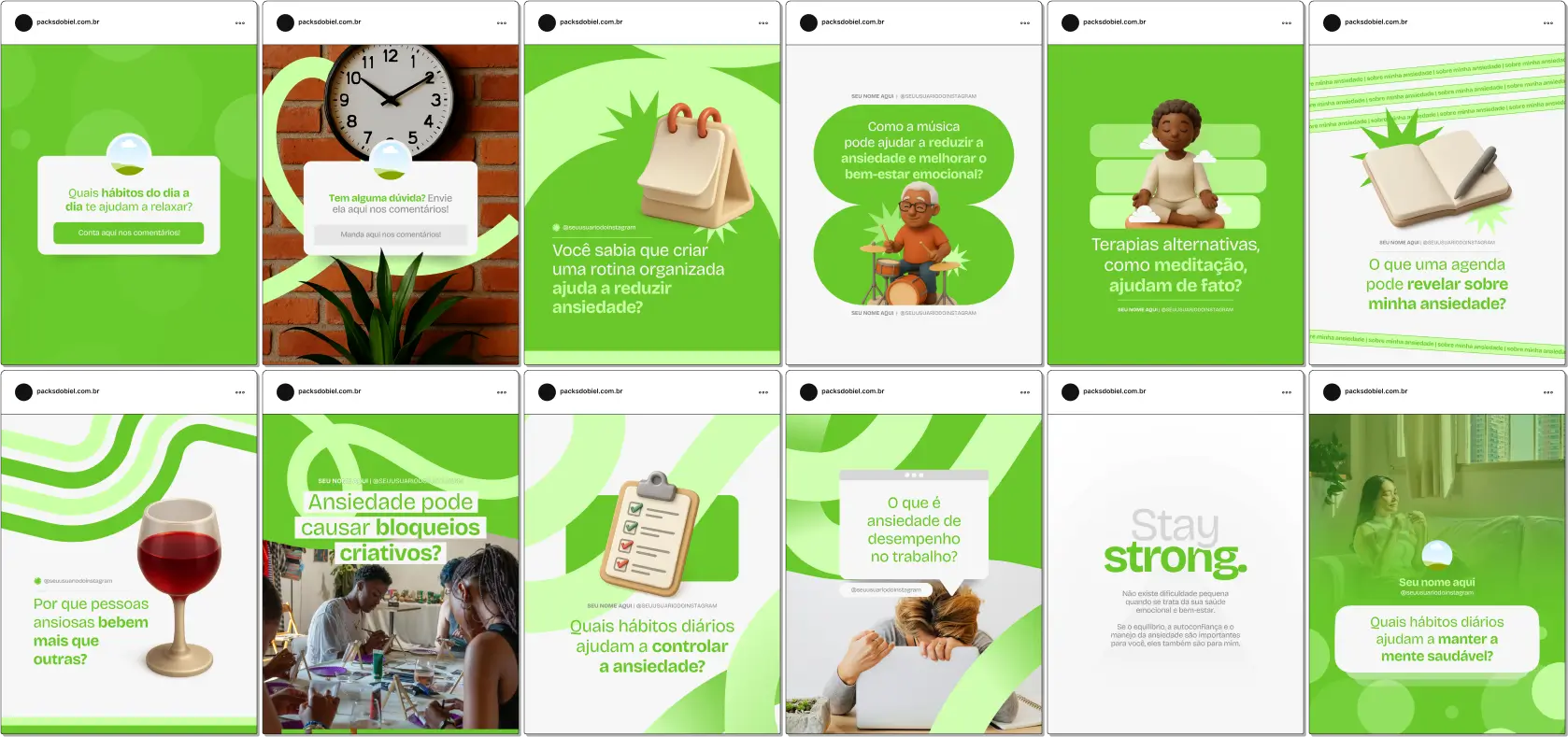 Kit de posts no Canva para psicólogos e profissionais de saúde mental focados em ansiedade. Inclui artes sobre sintomas, gatilhos, técnicas de relaxamento, suporte psicológico, intervenções terapêuticas, estratégias de autocuidado e prevenção de estresse, ideal para aumentar o engajamento, gerar valor e conquistar pacientes de forma estratégica.