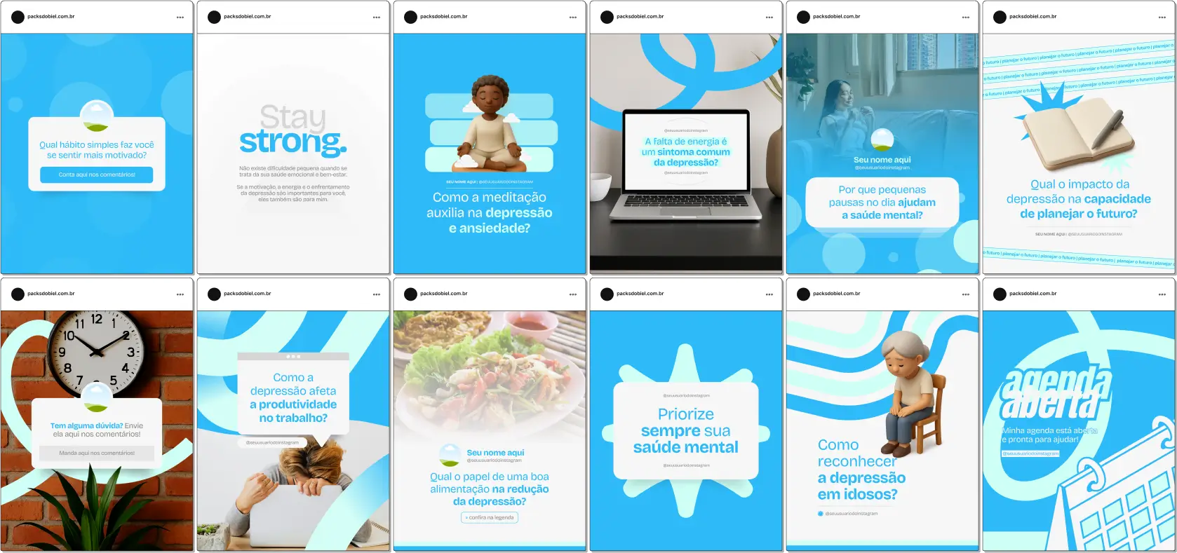 Kit Canva de posts para Psicologia e Depressão – Inclui artes sobre diagnóstico precoce, autocuidado, autoestima, técnicas de respiração, psicoterapia, acompanhamento médico, saúde emocional e bem-estar. Perfeito para psicólogos, clínicas de psicologia e profissionais de saúde que buscam engajar nas redes sociais e atrair pacientes de forma estratégica.