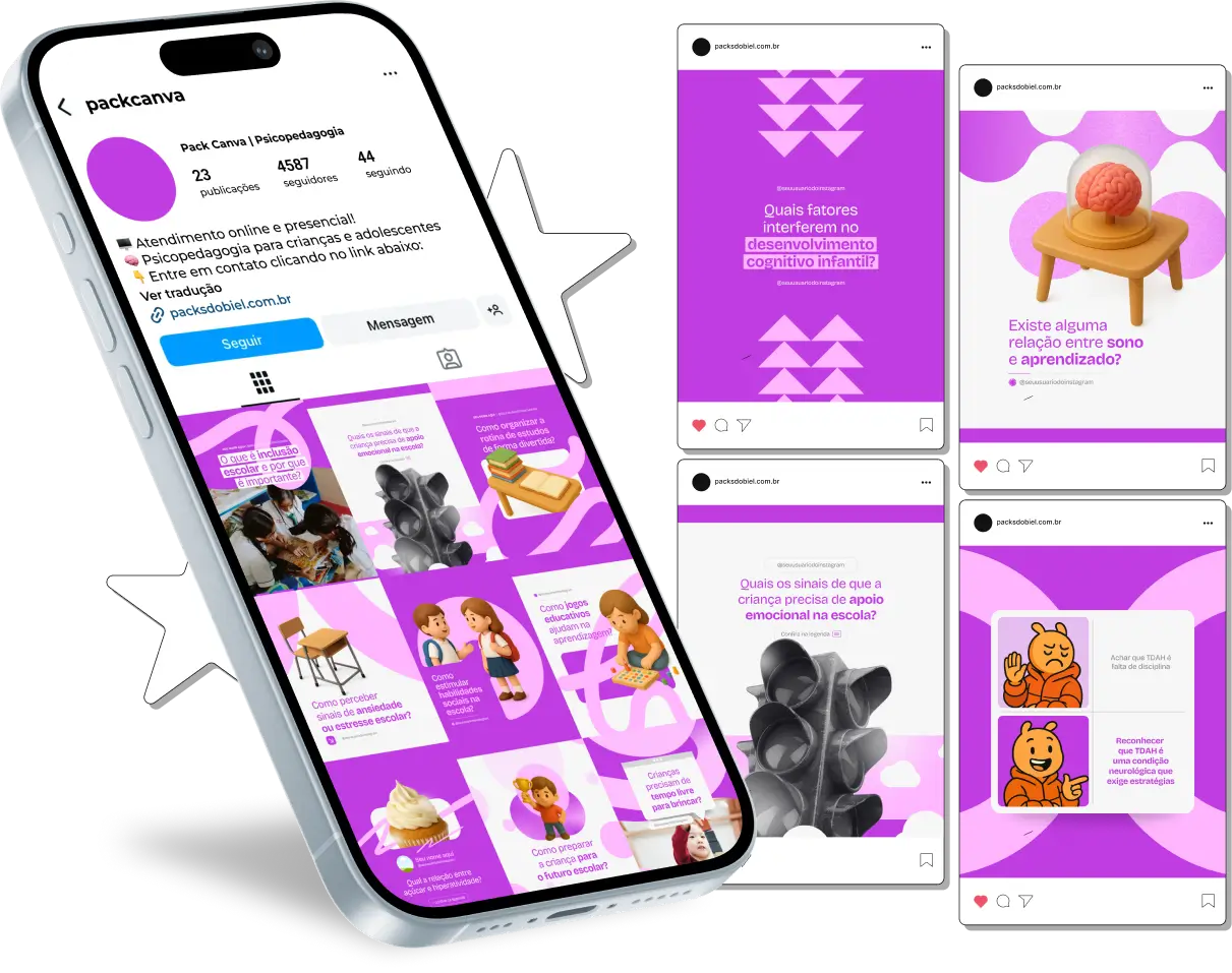 Com este Pack Canva de Psicopedagogia, você terá posts prontos e personalizáveis para redes sociais, focados em psicopedagogos e profissionais da educação, com conteúdos sobre avaliação de aprendizagem, transtornos de aprendizagem, técnicas de leitura e escrita, desenvolvimento infantil e dicas pedagógicas para engajar alunos e famílias.
