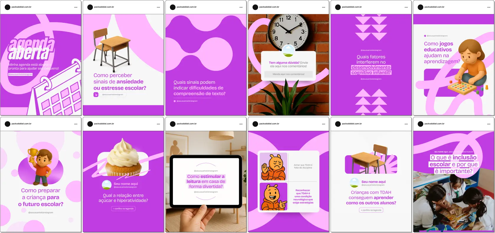 Kit completo para psicopedagogos e clínicas de educação, com posts editáveis sobre estímulo cognitivo, habilidades socioemocionais, intervenção em dificuldades de aprendizagem, acompanhamento de crianças e adolescentes, estratégias de ensino e fortalecimento da presença digital no Instagram e outras redes sociais.