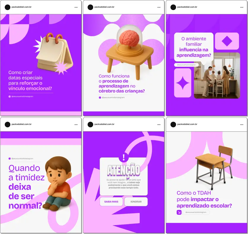 Com este Pack Canva de Psiquiatria Infantil, você terá posts prontos e personalizáveis para redes sociais, abordando temas como ansiedade, depressão, TDAH, autismo, saúde mental, comportamento infantil, estratégias de intervenção terapêutica e dicas para engajar famílias e cuidadores.