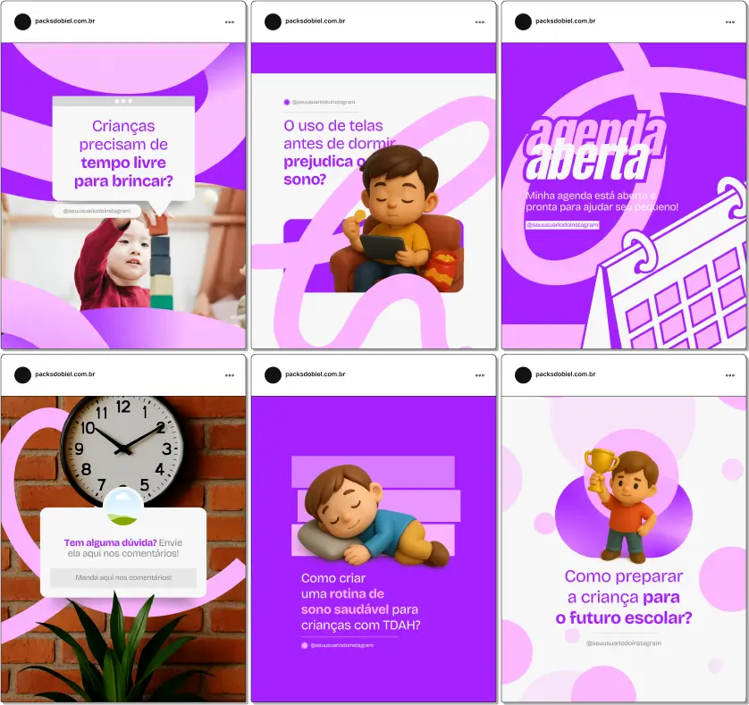 Kit completo para psiquiatras infantis e clínicas especializadas, com posts editáveis sobre desenvolvimento emocional, avaliação clínica, cuidados psicossociais, acompanhamento de tratamentos, prevenção de transtornos e promoção do bem-estar mental de crianças, ideal para fortalecer a presença digital no Instagram e outras redes sociais.