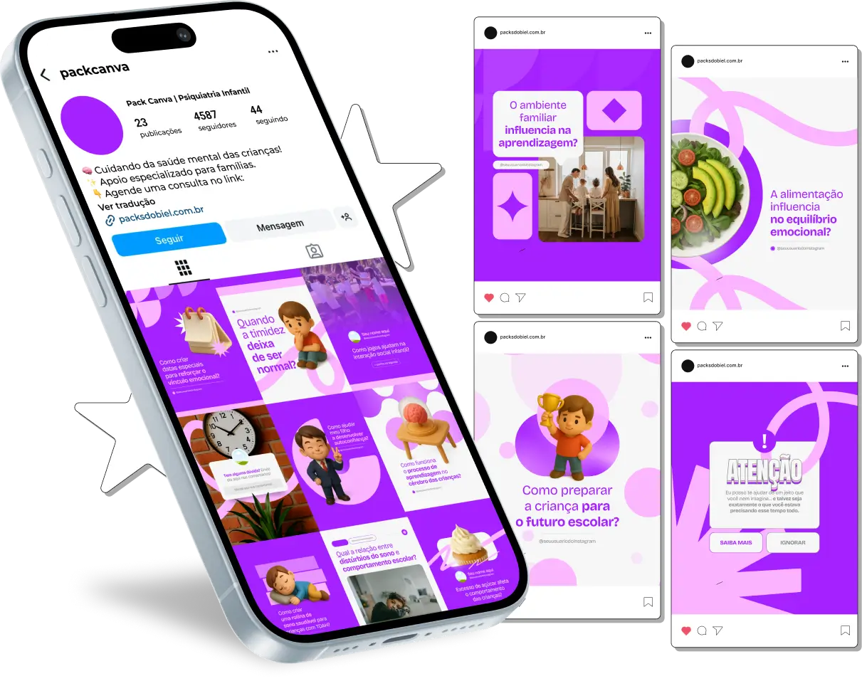Kit completo para psiquiatras infantis e clínicas especializadas, com posts editáveis sobre desenvolvimento emocional, avaliação clínica, cuidados psicossociais, acompanhamento de tratamentos, prevenção de transtornos e promoção do bem-estar mental de crianças, ideal para fortalecer a presença digital no Instagram e outras redes sociais.