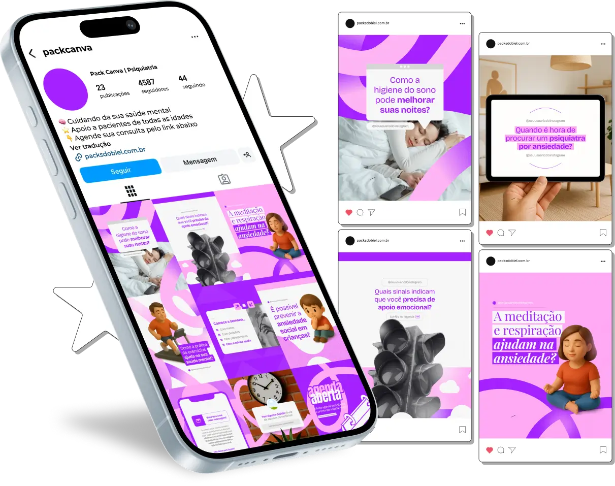 Pack Canva Psiquiatria – Kit com posts e artes editáveis para psiquiatras, psicólogos, clínicas de saúde mental e profissionais da área. Conteúdos prontos para Instagram e redes sociais sobre transtornos mentais, ansiedade, depressão, manejo de sintomas, orientações para pacientes, estratégias de prevenção e dicas para melhorar o bem-estar emocional.