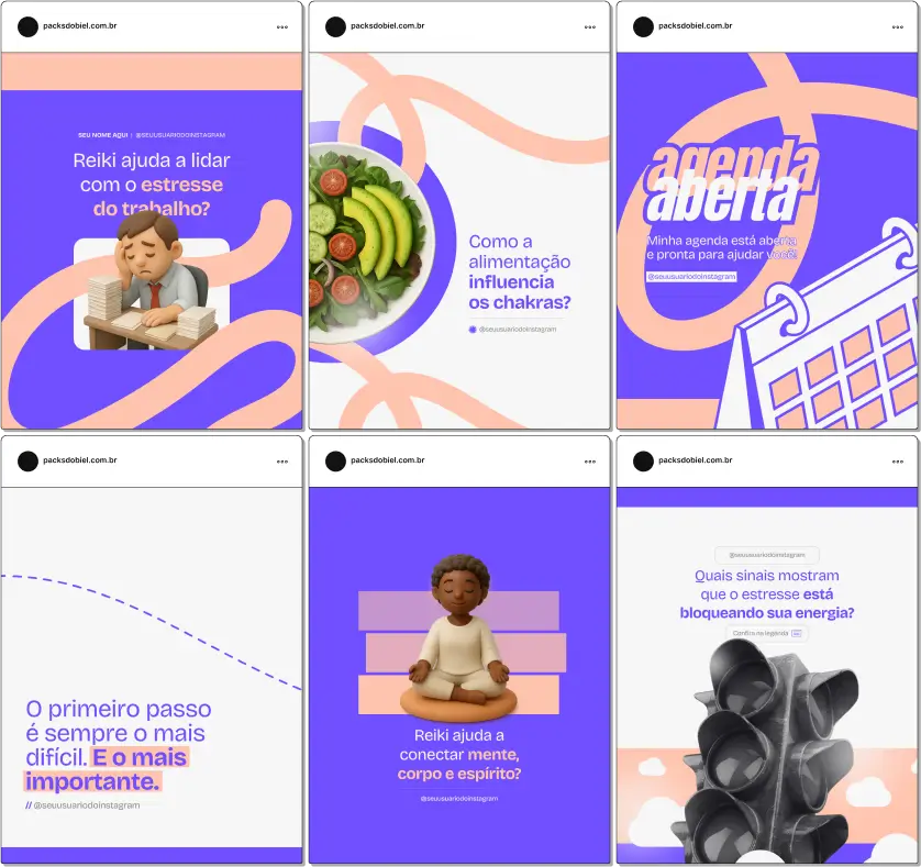 Com este Pack Canva de Reiki, você terá posts prontos e personalizáveis para redes sociais, voltados para profissionais de terapias holísticas, clínicas de bem-estar e praticantes de Reiki, com conteúdos sobre energia vital, chakras, técnicas de cura energética, relaxamento, meditação guiada e dicas para engajar seguidores e pacientes.