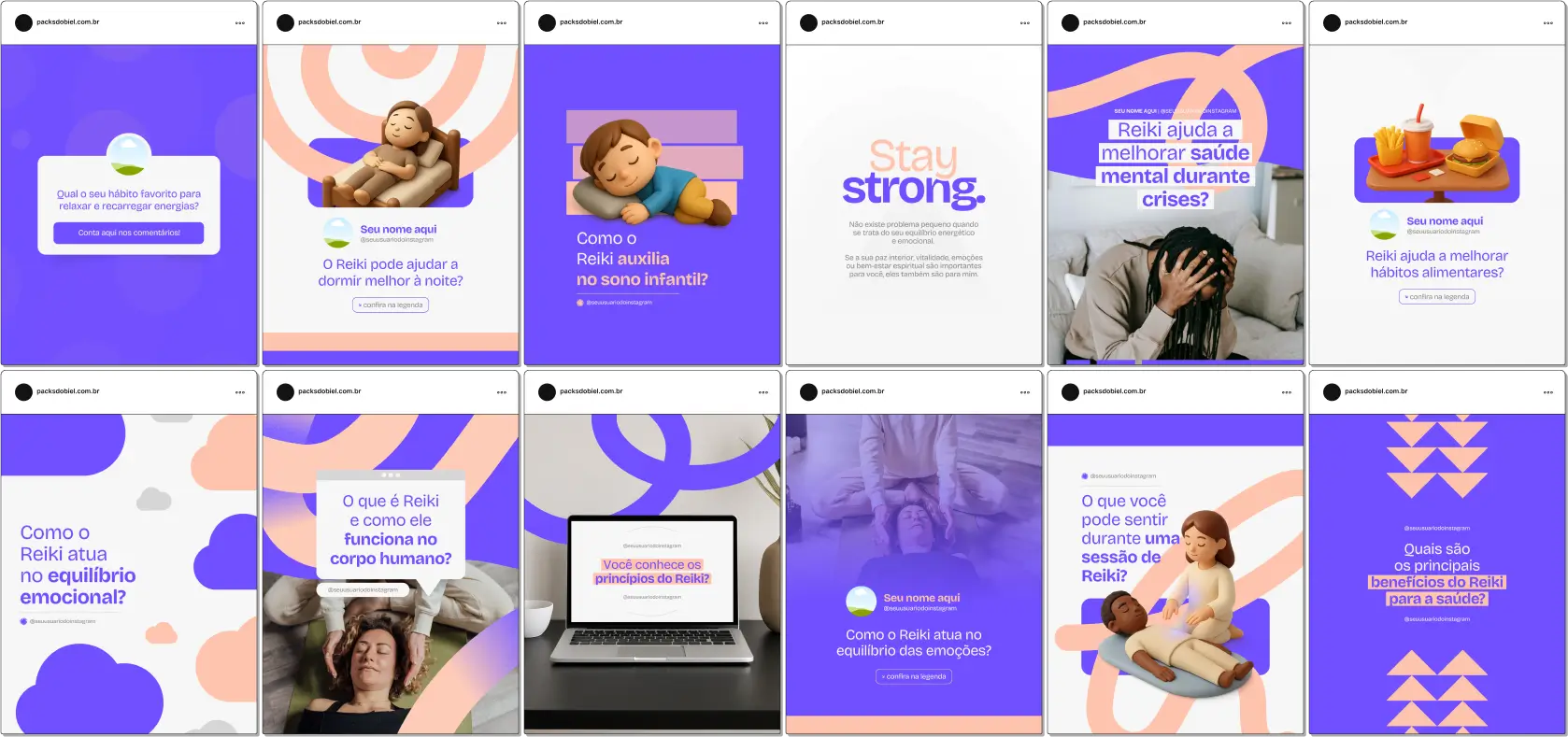 Kit completo para terapeutas de Reiki e profissionais de bem-estar, com posts editáveis sobre equilíbrio físico, emocional e espiritual, técnicas de harmonização energética, dicas de autoaplicação, orientações para clientes e conteúdos educativos que fortalecem a presença digital no Instagram e outras redes sociais.