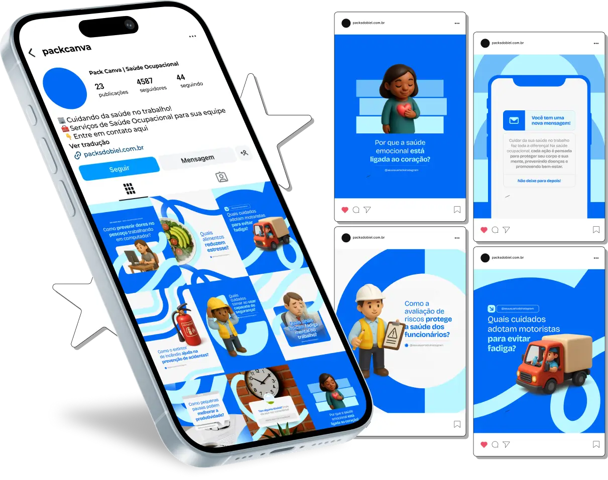 Pack Canva Saúde Ocupacional – Kit de posts e artes editáveis com conteúdos prontos para Instagram e redes sociais, abordando ergonomia, prevenção de acidentes, programas de qualidade de vida no trabalho, exames periódicos, segurança no ambiente corporativo e orientações para empresas e colaboradores.