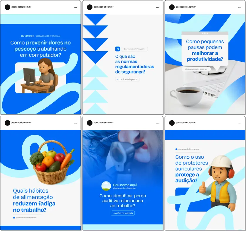 Com este Pack Canva de Saúde Ocupacional, você terá posts prontos e personalizáveis para redes sociais, focados em profissionais de segurança do trabalho e clínicas de saúde ocupacional, com conteúdos sobre normas regulamentadoras, prevenção de doenças ocupacionais, ginástica laboral, campanhas de saúde e educação corporativa.