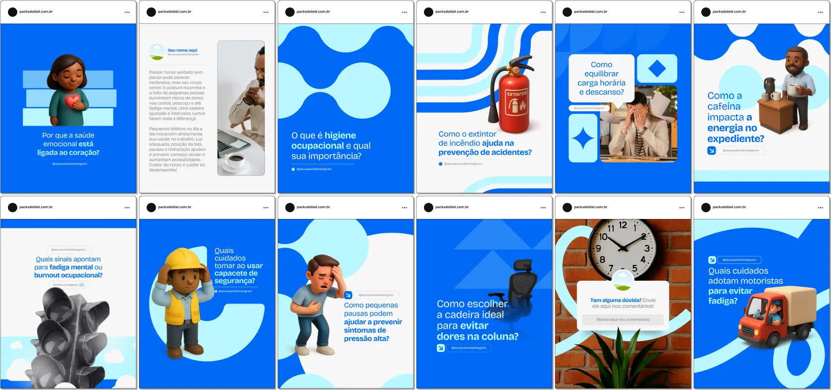 Kit completo para empresas, profissionais de saúde e segurança do trabalho, com posts editáveis sobre ergonomia, saúde física e mental do colaborador, prevenção de acidentes e lesões, programas de bem-estar corporativo e dicas práticas para engajar funcionários nas redes sociais e fortalecer a presença digital.