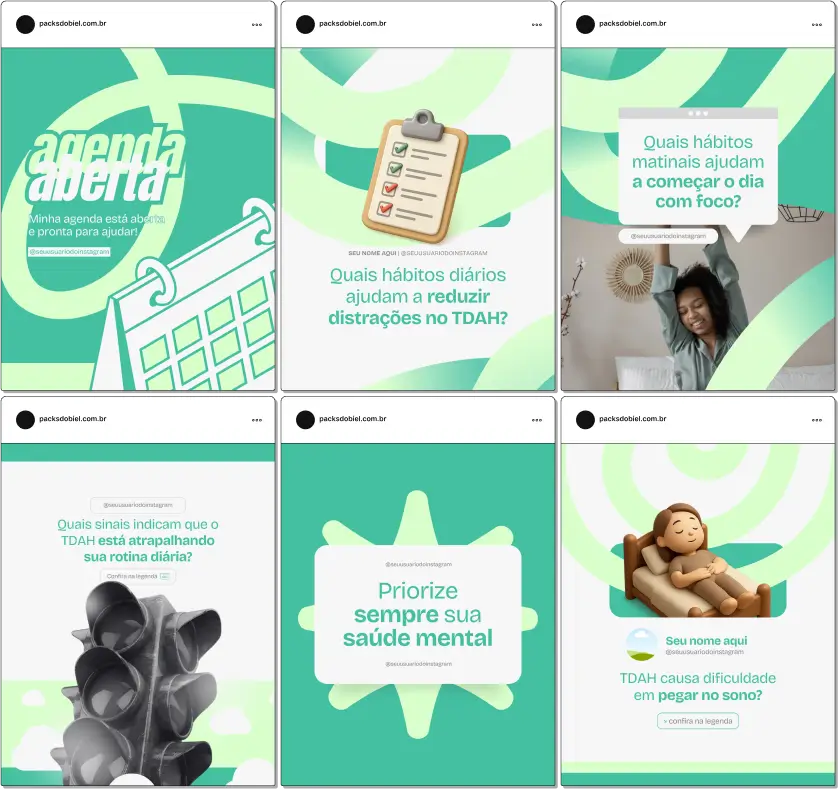 Com o Pack Canva TDAH Adulto, você terá conteúdos prontos para compartilhar informações sobre diagnóstico, tratamento, medicação, terapia cognitivo-comportamental, dicas de rotina e gestão de impulsos. Totalmente editável no Canva, o kit permite criar um perfil profissional, educativo e engajador no Instagram e outras redes sociais.
