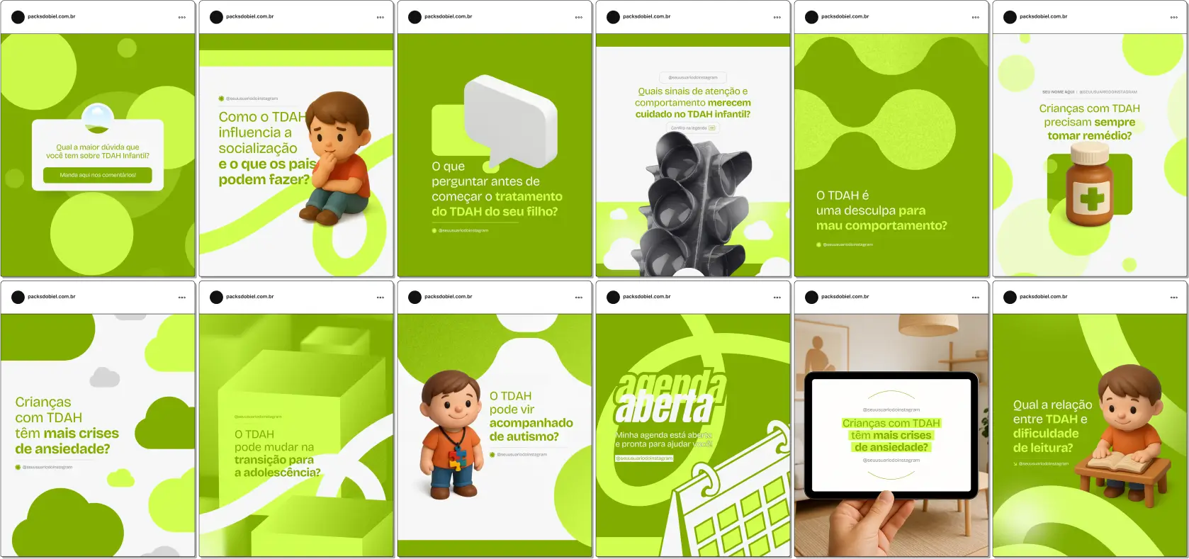 Pack Canva TDAH Infantil – Kit com posts e artes editáveis para psicólogos, pedagogos, professores e profissionais de saúde infantil. Conteúdos prontos para Instagram e redes sociais sobre diagnóstico do TDAH, manejo comportamental, estratégias de aprendizagem, organização escolar, atenção e foco, dicas para pais e orientações práticas para o dia a dia das crianças.