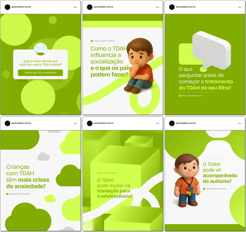 Pack Canva TDAH Infantil – Kit com posts e artes editáveis para psicólogos, pedagogos, professores e profissionais de saúde infantil. Conteúdos prontos para Instagram e redes sociais sobre diagnóstico do TDAH, manejo comportamental, estratégias de aprendizagem, organização escolar, atenção e foco, dicas para pais e orientações práticas para o dia a dia das crianças.