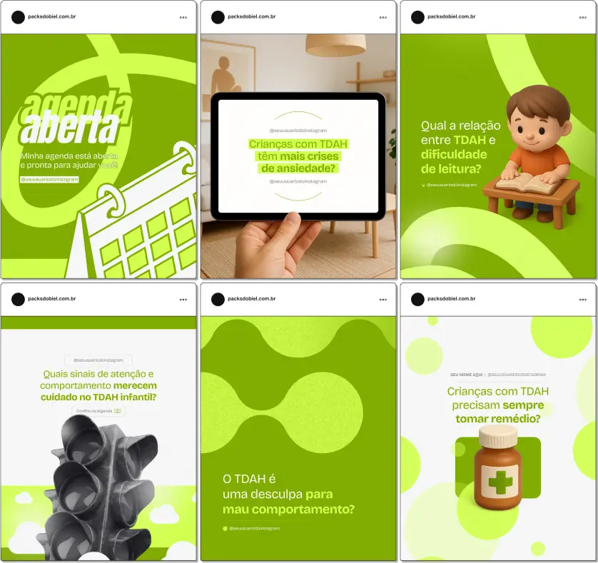 Pack Canva TDAH Infantil – Kit com posts e artes editáveis para psicólogos, pedagogos, professores e profissionais de saúde infantil. Conteúdos prontos para Instagram e redes sociais sobre diagnóstico do TDAH, manejo comportamental, estratégias de aprendizagem, organização escolar, atenção e foco, dicas para pais e orientações práticas para o dia a dia das crianças.