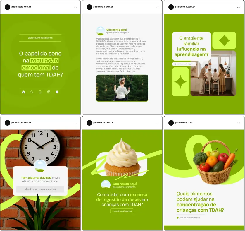 Com este Pack Canva TDAH Infantil, você cria posts educativos e informativos sobre sintomas, tratamento, intervenções psicopedagógicas, manejo de comportamento impulsivo e hiperatividade, dicas de rotina estruturada, estratégias para melhorar a atenção e materiais visuais atrativos para redes sociais.