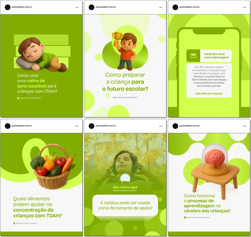 Com este Pack Canva TDAH Infantil, você cria posts educativos e informativos sobre sintomas, tratamento, intervenções psicopedagógicas, manejo de comportamento impulsivo e hiperatividade, dicas de rotina estruturada, estratégias para melhorar a atenção e materiais visuais atrativos para redes sociais.