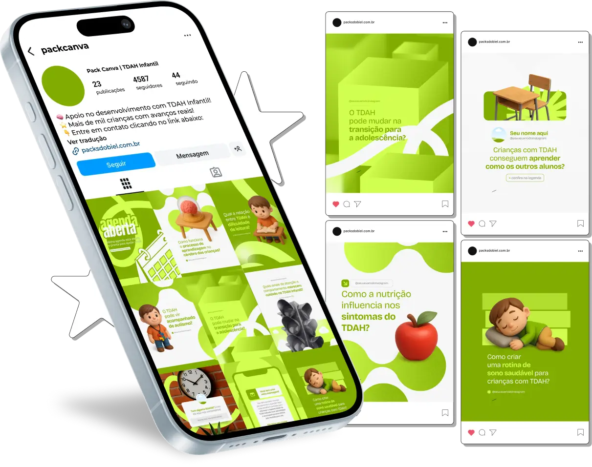 Kit completo para psicólogos, educadores e famílias com posts editáveis no Canva sobre TDAH infantil, técnicas de estimulação cognitiva, controle de impulsividade, métodos de aprendizagem adaptativos, apoio familiar, orientação escolar e conteúdos prontos para aumentar engajamento e presença digital no Instagram e outras redes sociais.