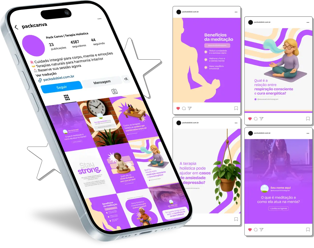 Posts para terapia holística com templates editáveis no Canva para Instagram de terapias integrativas