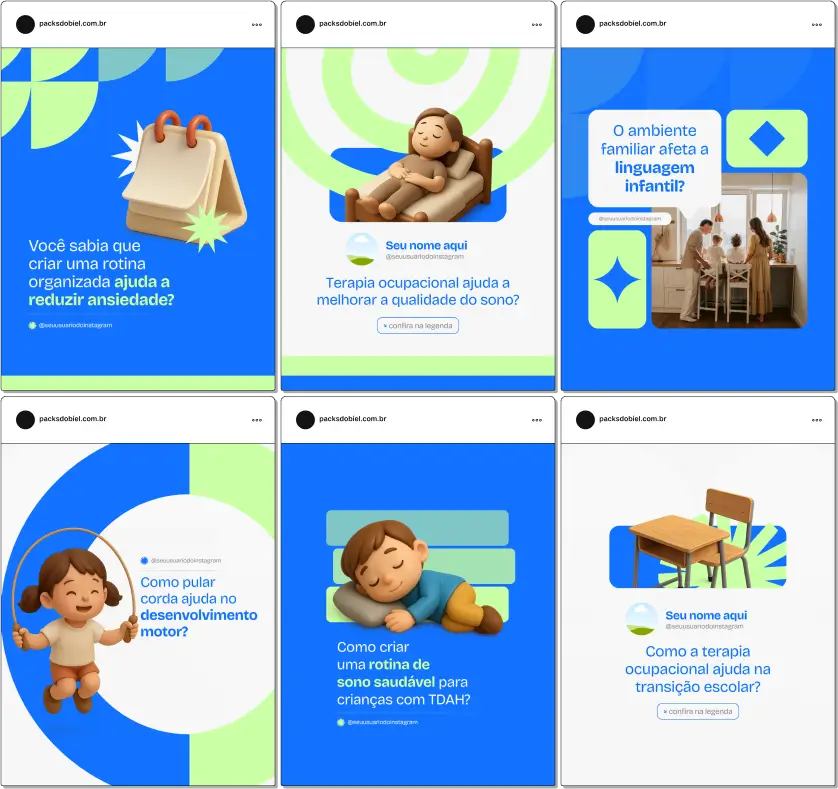 Pack Canva Terapia Ocupacional – Kit com posts e artes editáveis para Instagram e redes sociais, com conteúdos prontos sobre reabilitação física, estimulação cognitiva, atividades terapêuticas para crianças, adultos e idosos, desenvolvimento de habilidades motoras, inclusão social e estratégias para melhorar qualidade de vida. Ideal para terapeutas ocupacionais e clínicas que desejam aumentar presença digital e engajamento.