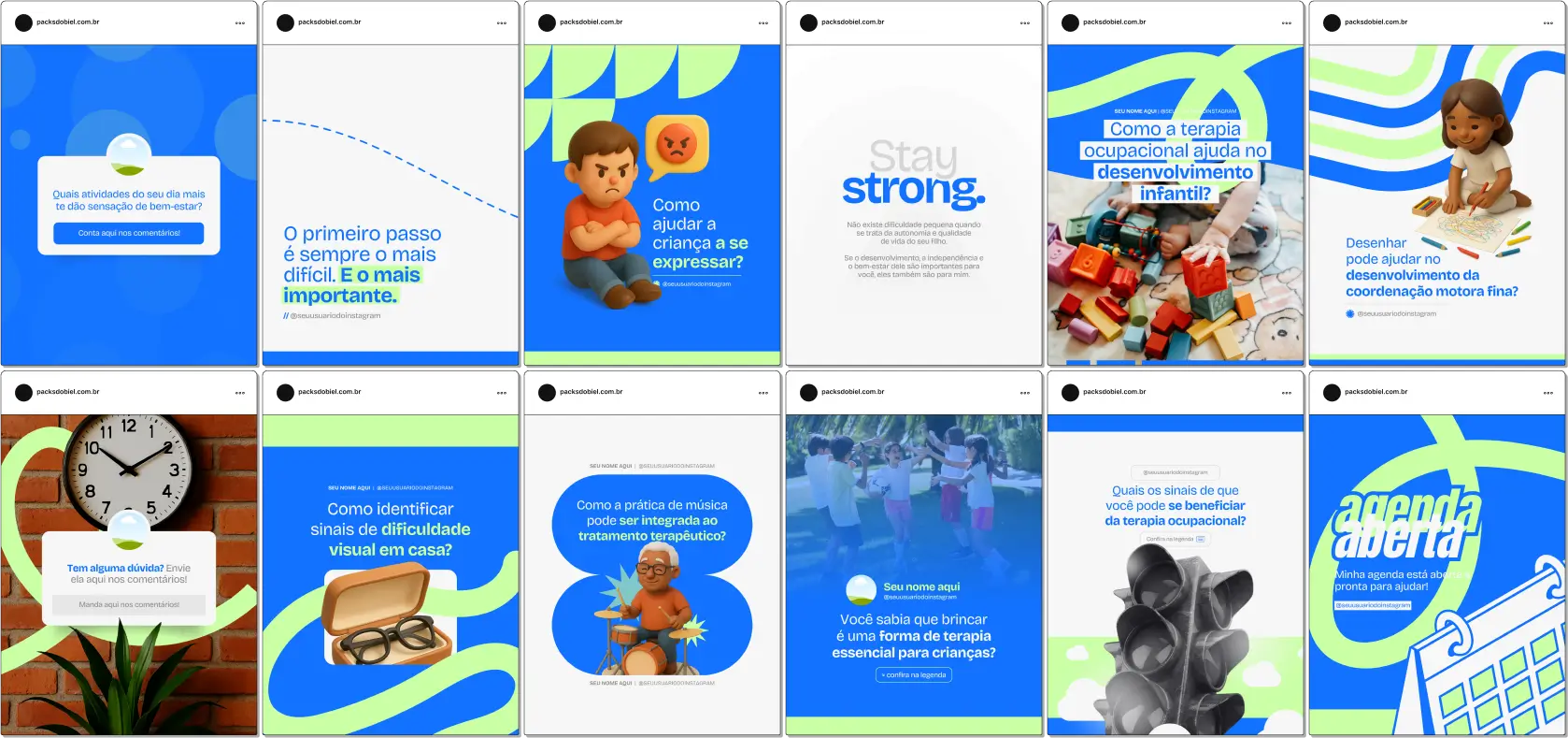 Kit de posts editáveis no Canva para profissionais de Terapia Ocupacional e clínicas especializadas em reabilitação física e cognitiva. Inclui conteúdos para Instagram e outras redes sociais sobre exercícios terapêuticos, desenvolvimento funcional, atividades de coordenação motora, estratégias de inclusão e orientações práticas para pacientes e familiares.